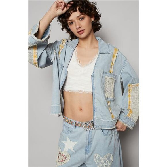POL Raw Hem Zip Up Denim Jacket with Plaid and Crochet Patch - Picture 2 of 4
